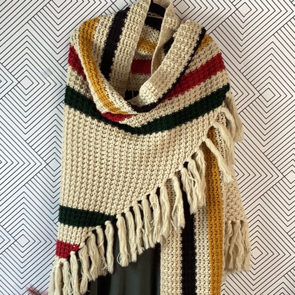 Pendleton Cream Crochet Fringe Wrap with Red, Green, Mustard & Black Stripes
